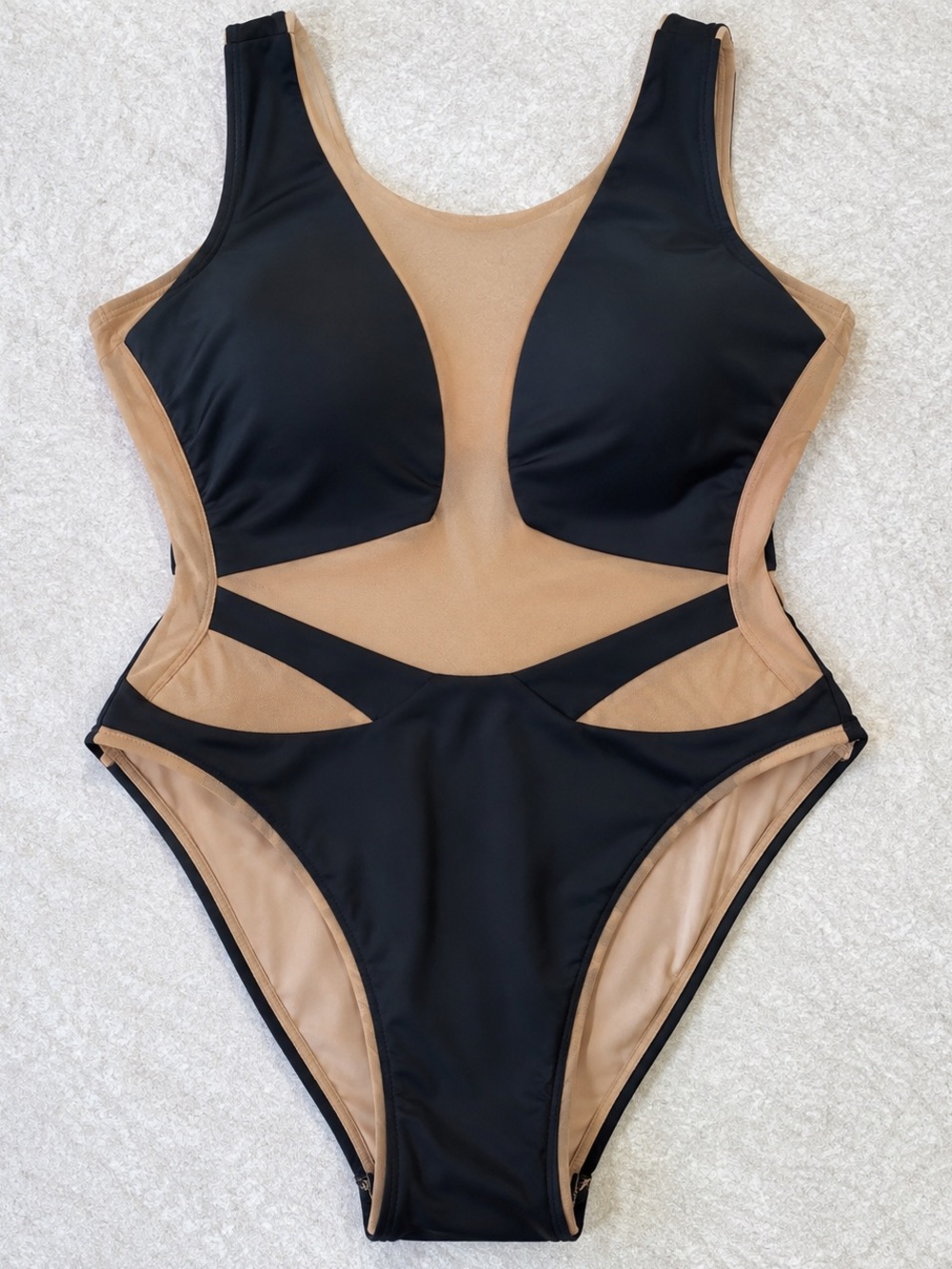 Fashion Nova Black and Nude Mesh Cutout One-Piece Swimsuit